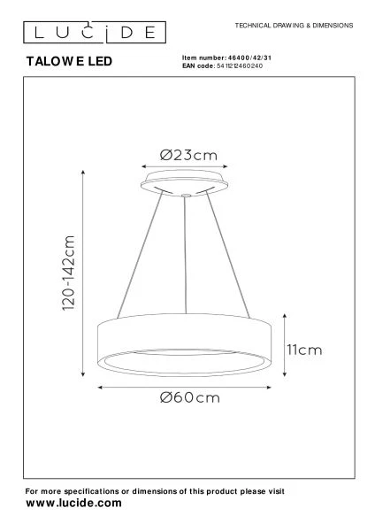 Lucide TALOWE LED - Pendelleuchten - Ø 60 cm - LED Dim. - 1x39W 3000K - Weiß - TECHNISCH